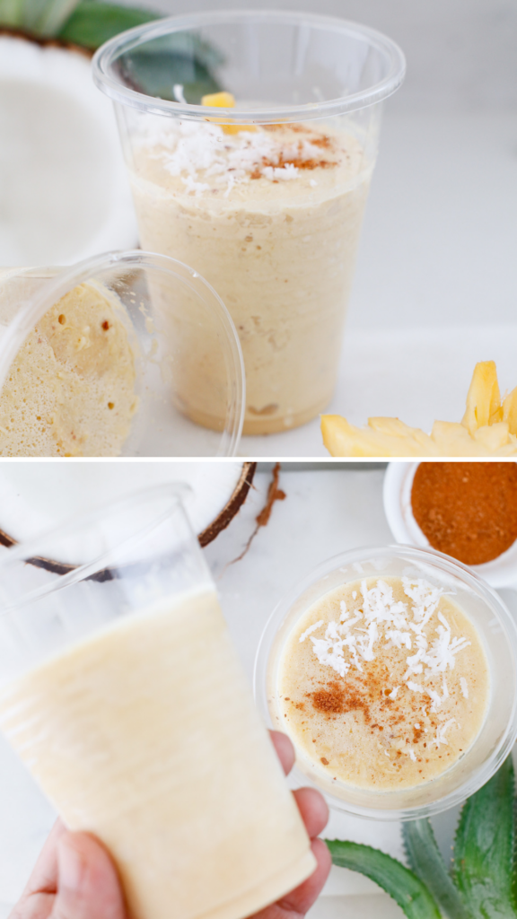 Limber de Coco y Piña frozen dessert in clear cups with pineapple pieces and coconut garnish on a white background.