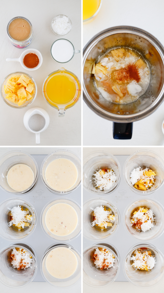 Step-by-step collage showing ingredients, blending, filling cups, and preparing homemade Limber de Coco y Piña.