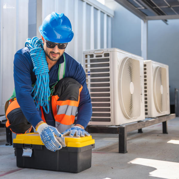 Technician servicing an outdoor air conditioning unit with tools, showing seasonal HVAC maintenance to prevent costly home repairs.