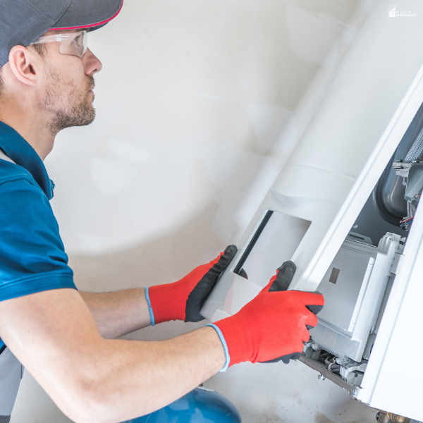 Worker replacing an HVAC filter inside a unit, highlighting routine maintenance habits that improve efficiency and reduce repair risks.