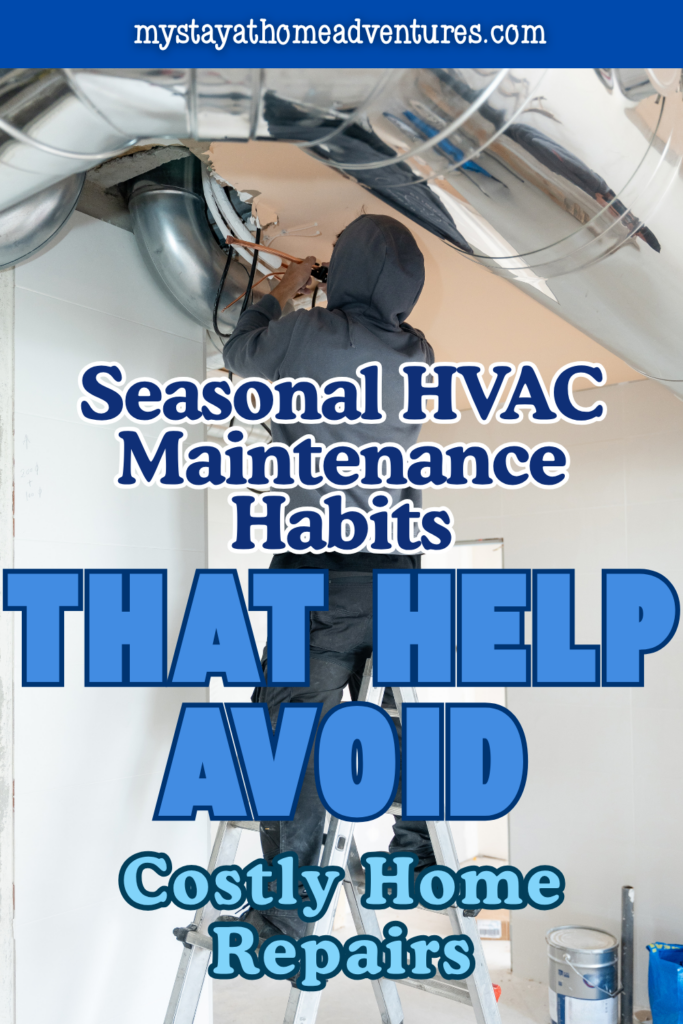 Worker repairing ventilation ducts while standing on a ladder indoors, showing HVAC maintenance tasks that help prevent expensive home repairs.