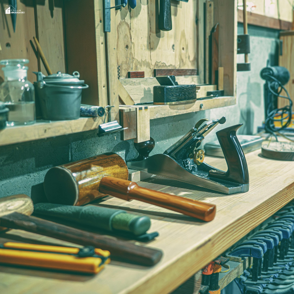 Woodworking tools neatly arranged on a workbench showing practical and cost-effective home maintenance for busy moms.