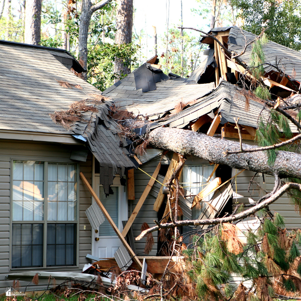 Home with severe structural damage from a fallen tree, showing clear structural vs cosmetic damage after a storm.