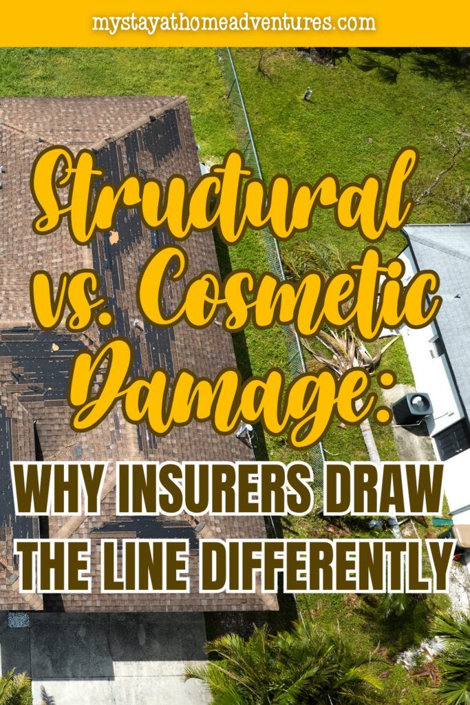 Aerial view of roof with missing shingles and visible wear, showing structural vs cosmetic damage and how insurers draw the line.