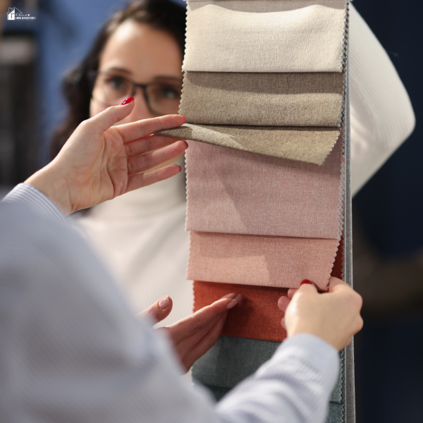 Hands selecting fabric samples in neutral and warm tones, highlighting texture choices for soft furnishings and home décor.