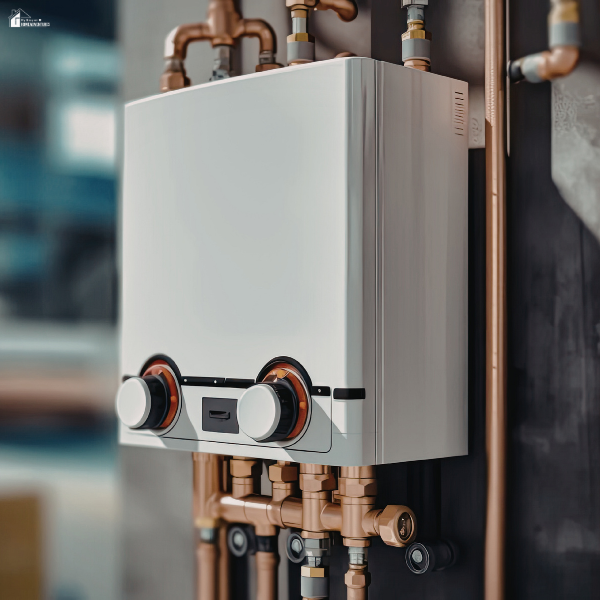 Modern wall-mounted furnace system with visible pipes and controls, representing home heating maintenance and common furnace issues.