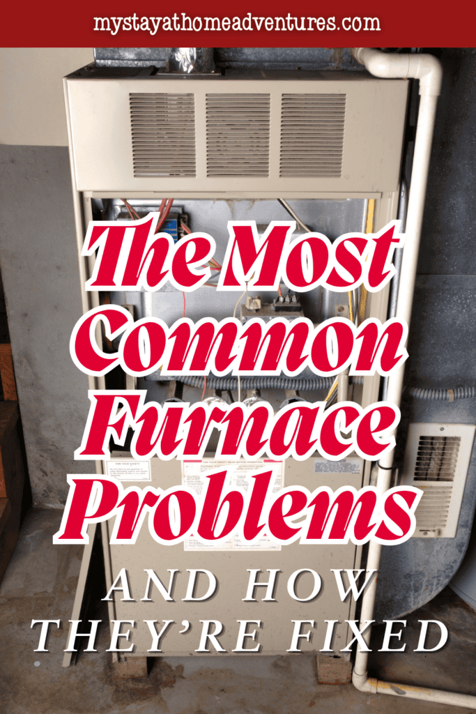 Older residential furnace unit in a utility space, illustrating typical heating system problems and repair needs in a home.