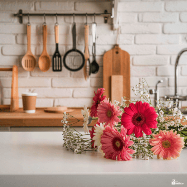 Simple kitchen setup with fresh flowers and organized space, showing small changes that help create a calm and peaceful home environment.
