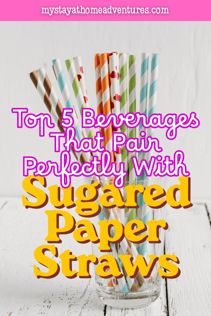 Assorted decorative paper straws in a glass jar, styled for beverage ideas and sugared paper straws party drink inspiration.