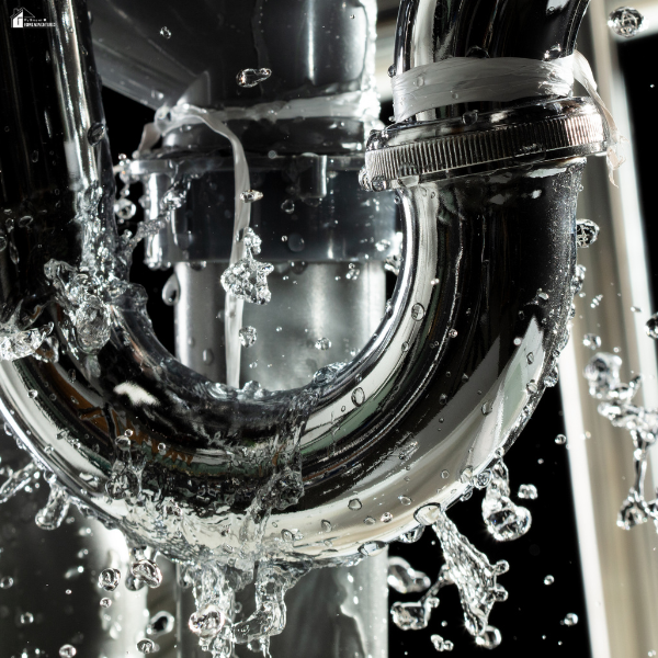 Leaking kitchen drain pipe spraying water under a sink, showing a plumbing problem that can cause damage and strange household sounds.
