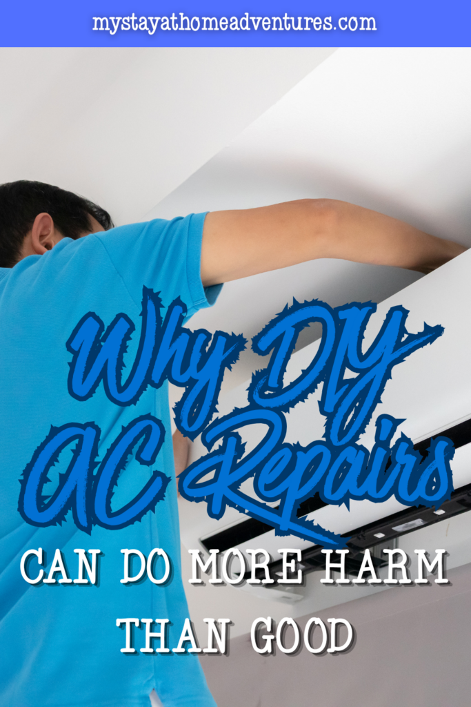 Person working on a wall-mounted AC unit, representing how attempting DIY repairs can create safety risks and costly issues.