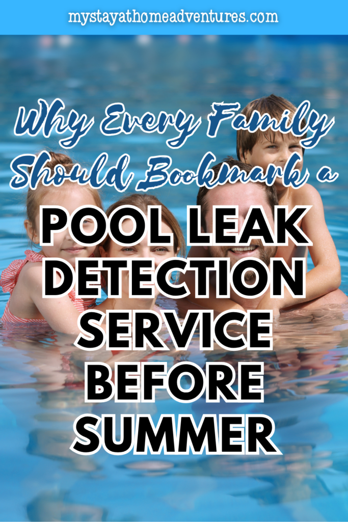 Smiling family in a swimming pool, representing the importance of pool leak detection service before summer for stress-free family swimming days.