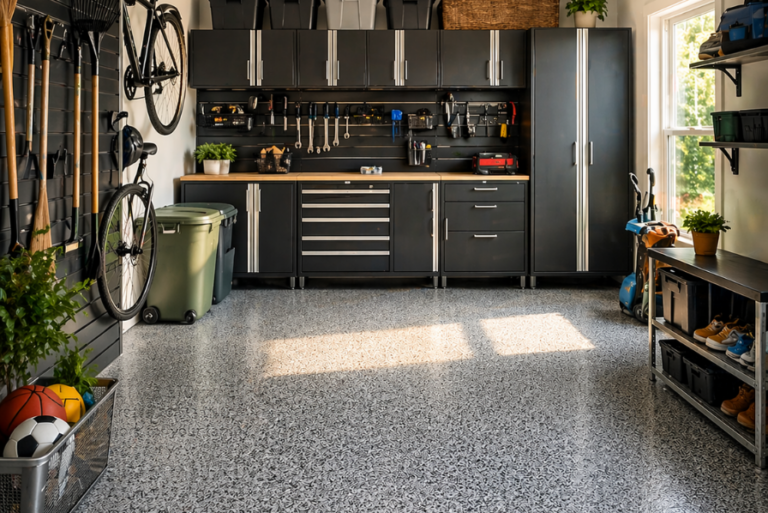 Clean and organized garage with epoxy flooring, wall-mounted tools, storage cabinets, and shelving for a functional garage organization setup