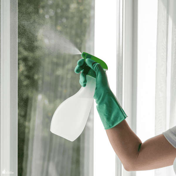 Hand spraying cleaner on a large home window to improve visibility, insulation, and indoor comfort.