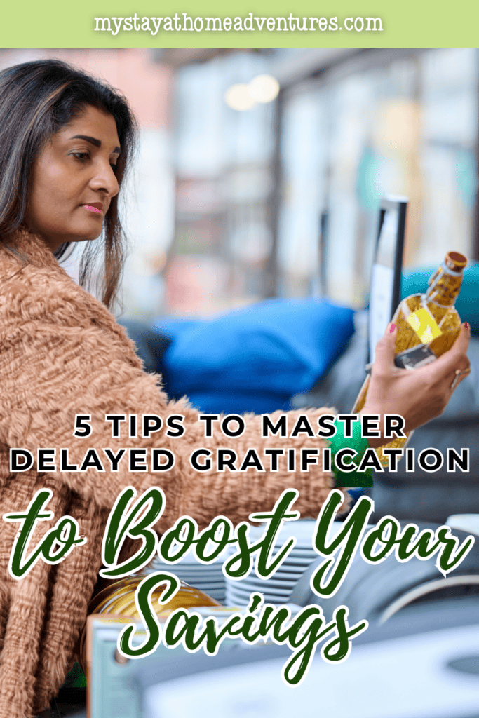 Woman carefully considering a purchase in a store while practicing mindful spending and delayed gratification to save money.