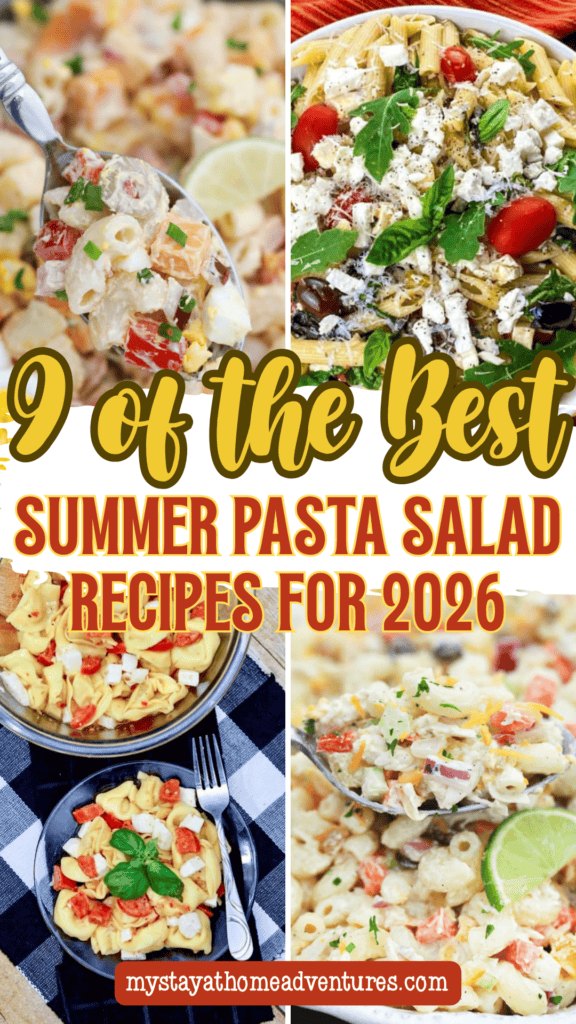 Collage of creamy and Mediterranean-inspired pasta dishes with fresh vegetables, herbs, and cheese featured in a roundup of the best summer pasta salad recipes for easy warm-weather meals in 2026.