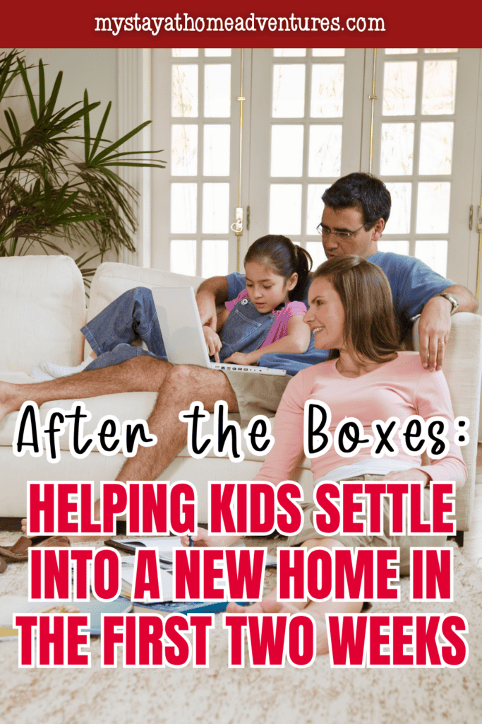 Family relaxing together in their living room while helping a child adjust to routines in a new home after moving.