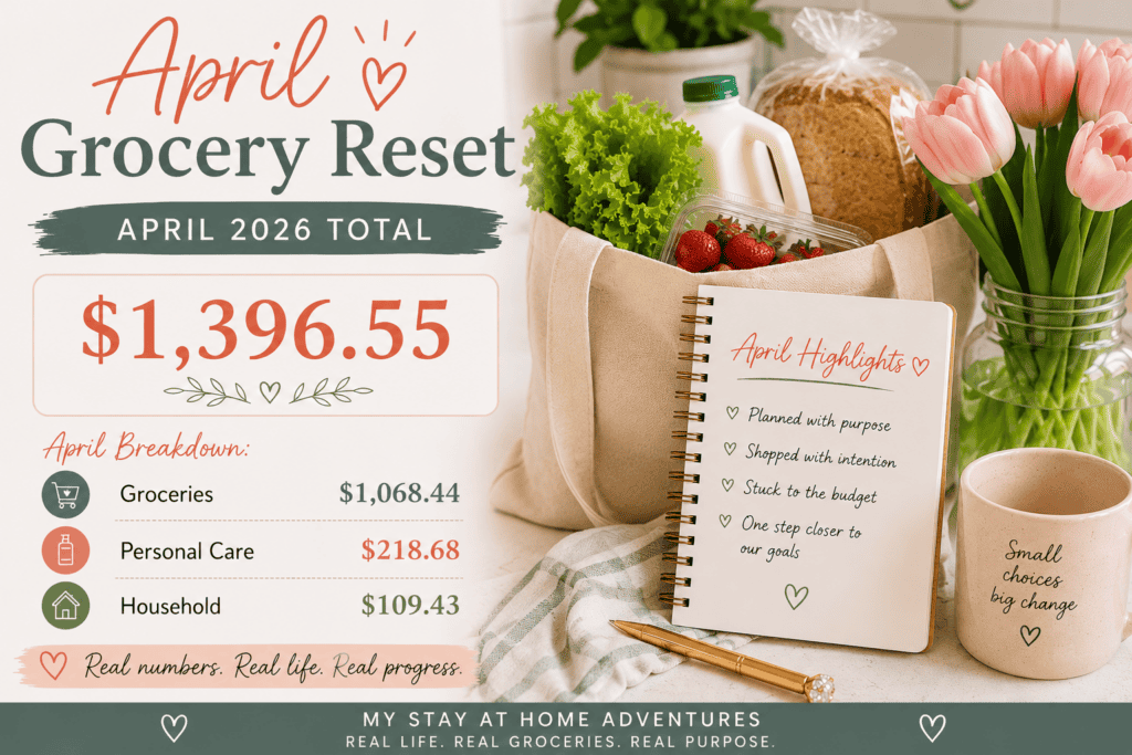A cozy April 2026 grocery budget graphic featuring a reusable grocery bag filled with lettuce, milk, strawberries, and bread beside pink tulips and a notebook, showing a total grocery budget of $1,396.55 with grocery, personal care, and household spending breakdowns in soft pastel colors.