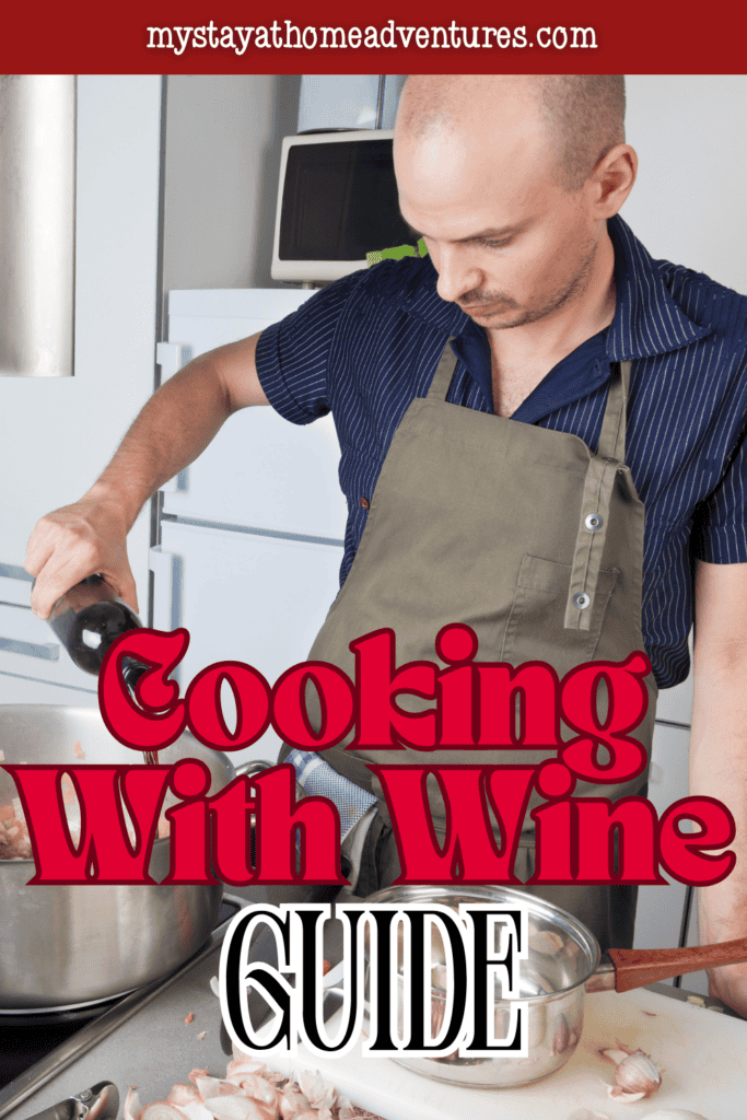 Home cook adding wine to a stovetop dish while preparing a homemade meal with fresh ingredients in the kitchen.