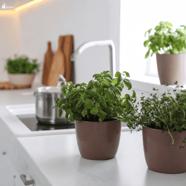 Potted basil and thyme plants arranged on a modern kitchen counter for easy indoor herb gardening access.