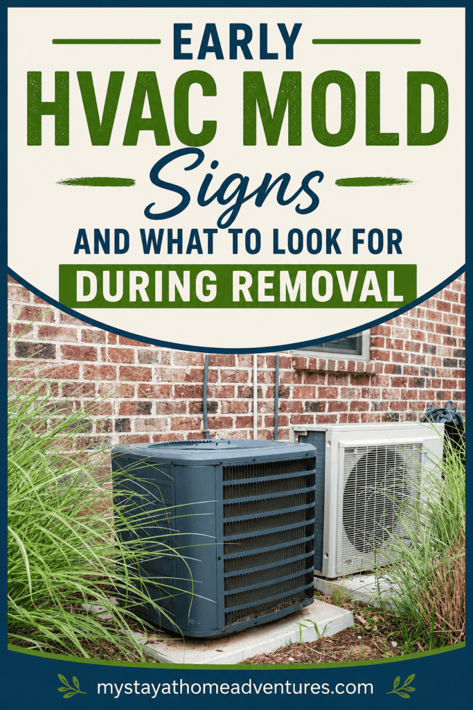 Outdoor HVAC units beside a brick home with text about early HVAC mold signs and what to look for during mold removal inspections.