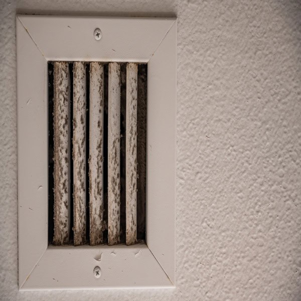 Dusty air vent with visible buildup showing early HVAC mold signs that may require professional mold removal and inspection.