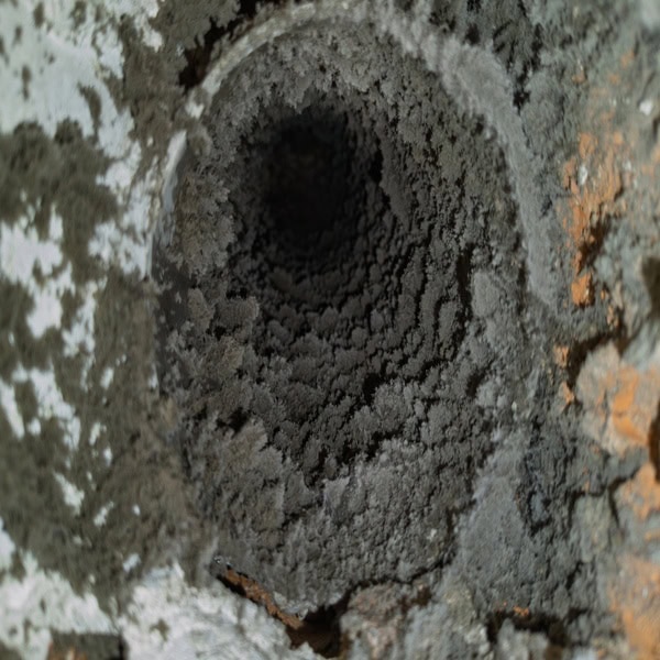 Close-up of heavy debris and mold buildup inside an HVAC duct highlighting warning signs to watch for during mold removal.