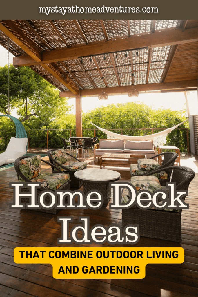 Tropical-inspired backyard deck with lounge seating, natural wood accents, and surrounding greenery highlighting creative outdoor living and gardening ideas.