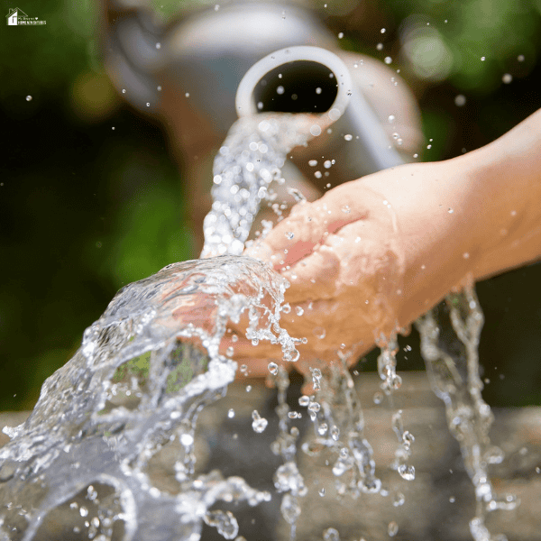 Close-up of clean running well water flowing over hands outdoors, showing water quality and everyday household water use.