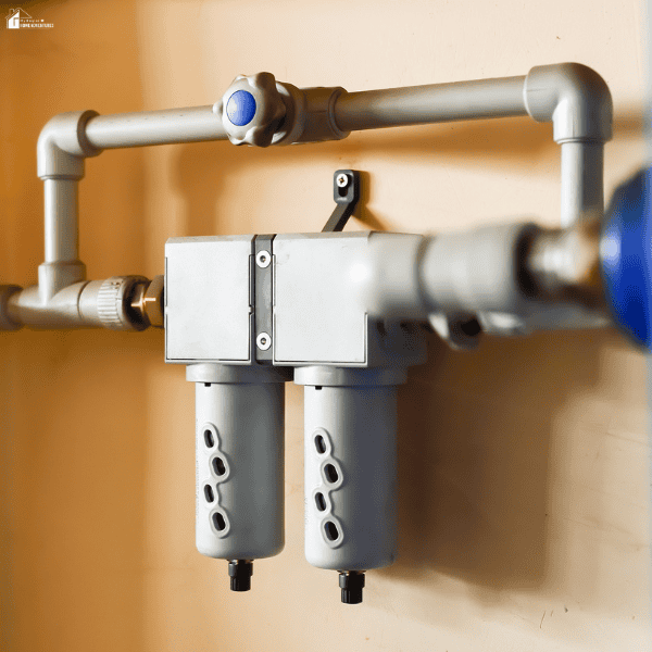 Home plumbing filtration system connected to water pipes to help reduce sediment and improve household water quality.