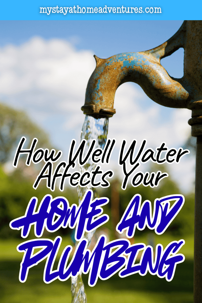 Outdoor faucet with running water and visible rust buildup highlighting how well water can affect plumbing fixtures and pipes over time.
