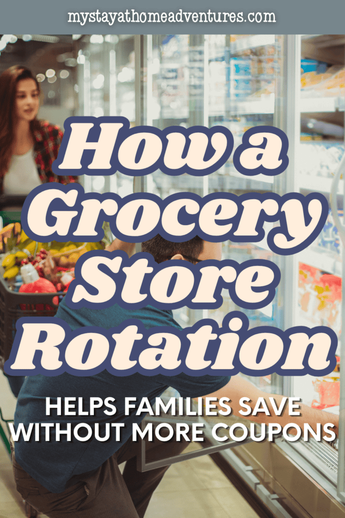 Parent comparing frozen food options in a grocery store while using budget grocery shopping strategies to lower family food costs.