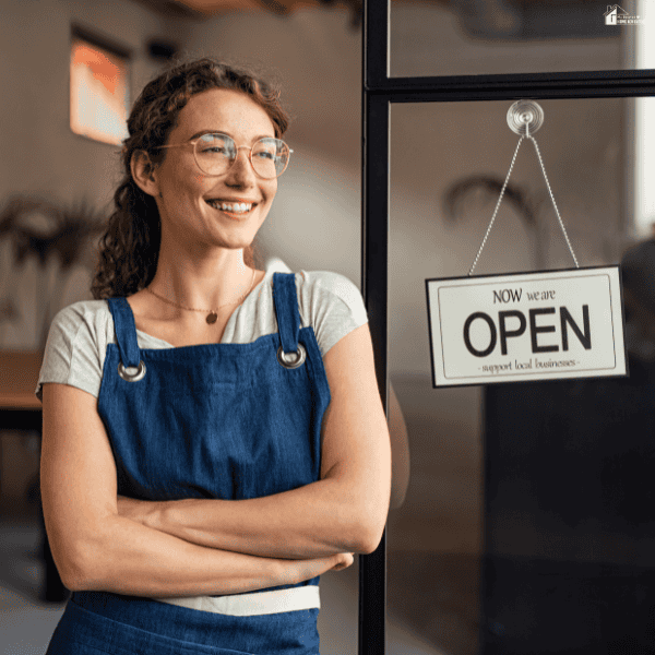 Small business owner standing proudly near a storefront entrance while preparing to manage family and business responsibilities.