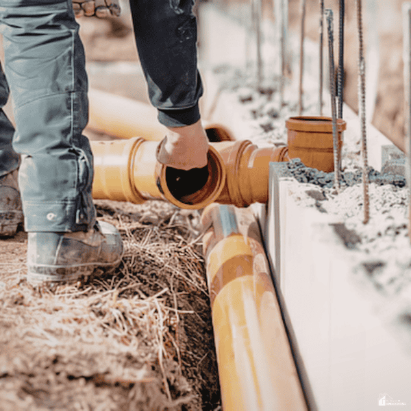 Worker installing underground piping beside a home foundation to improve water drainage and help protect the property from moisture damage.