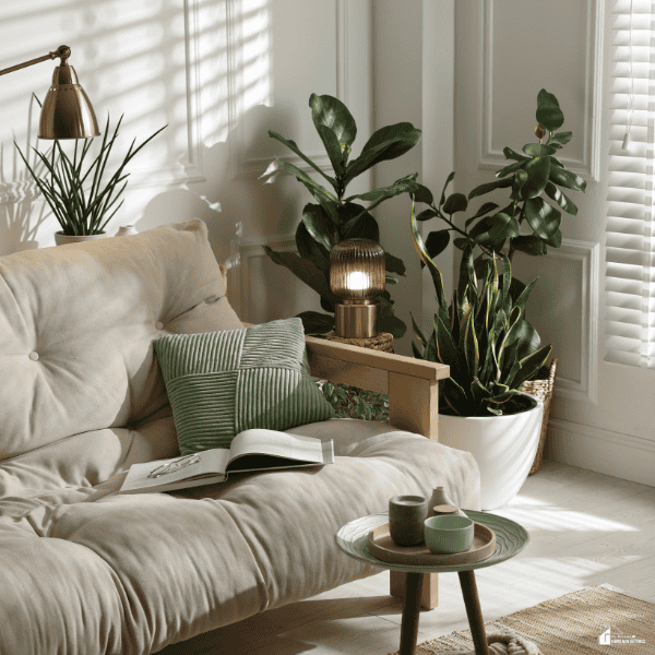 Cozy living room corner with soft lighting, indoor plants, and neutral decor creating a warm and relaxing atmosphere.