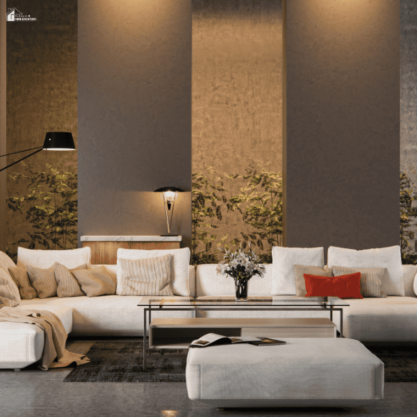 Modern living room with layered textures, accent lighting, and comfortable seating designed for a cozy and inviting feel.