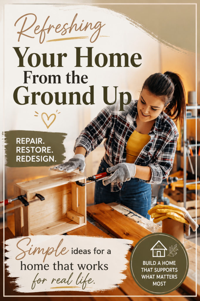 Pinterest pin showing woman working on DIY home repair project with text about refreshing your home from the ground up through repair, restoration, and redesign.