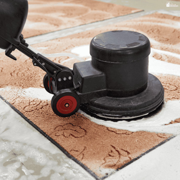 Professional floor machine deep cleaning a patterned area rug with soap and water for thorough carpet maintenance.