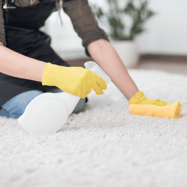 Person wearing gloves while spot cleaning a white rug with spray cleaner and cloth for home rug care and stain removal.