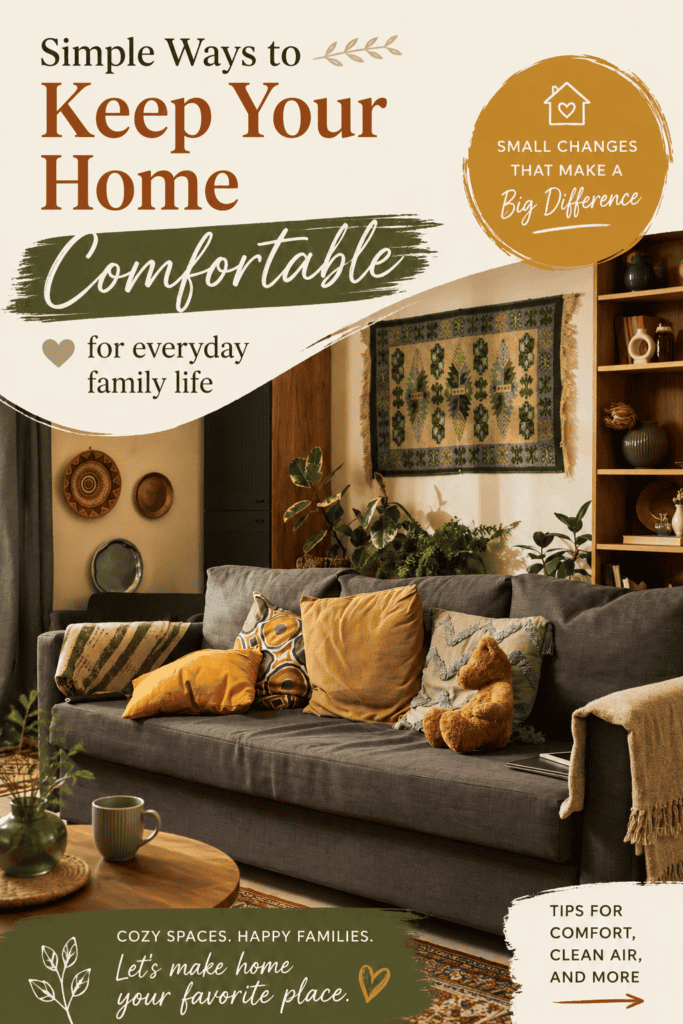 Pinterest pin showing cozy living room with sofa and warm decor, featuring text about simple ways to keep your home comfortable for everyday family life.