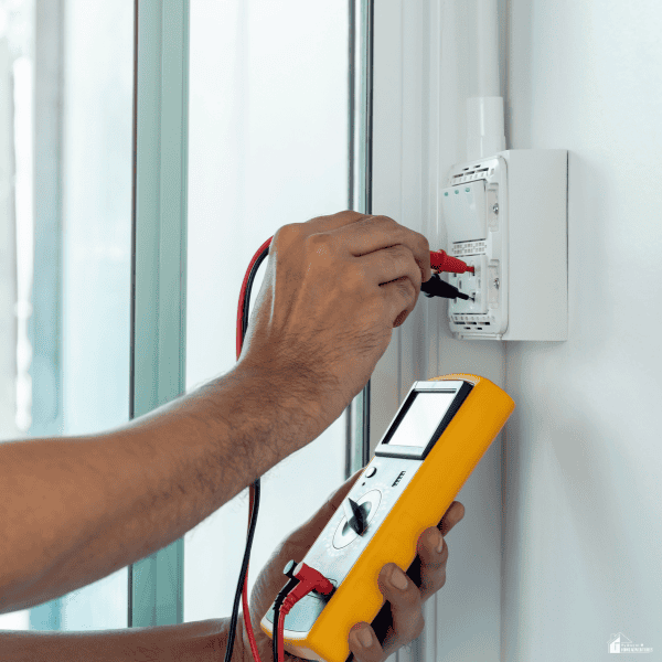 Person testing a wall outlet with electrical tools to check a household wiring problem that can affect daily family routines and home safety.