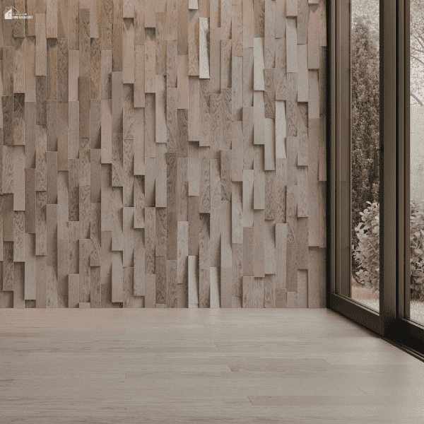 Textured light wood wall panels with layered geometric finishes beside large modern windows and neutral flooring.