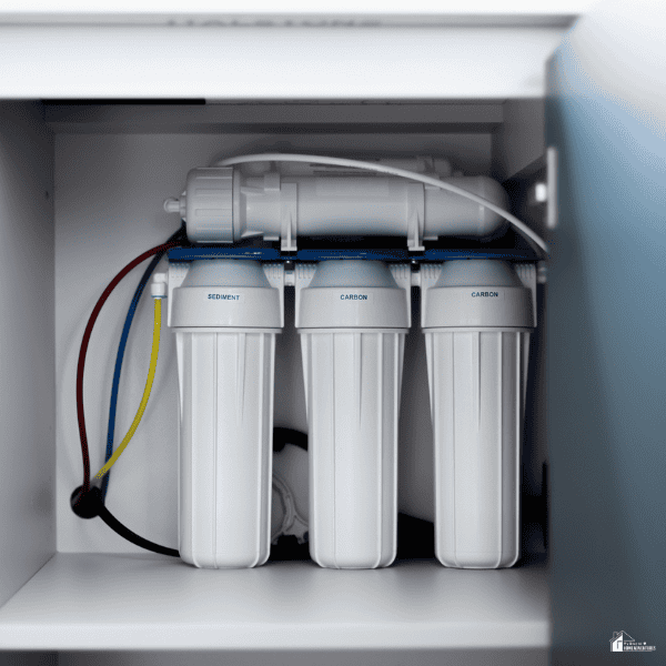 Under-sink water filtration system connected to improve household water quality and reduce chlorine odor.
