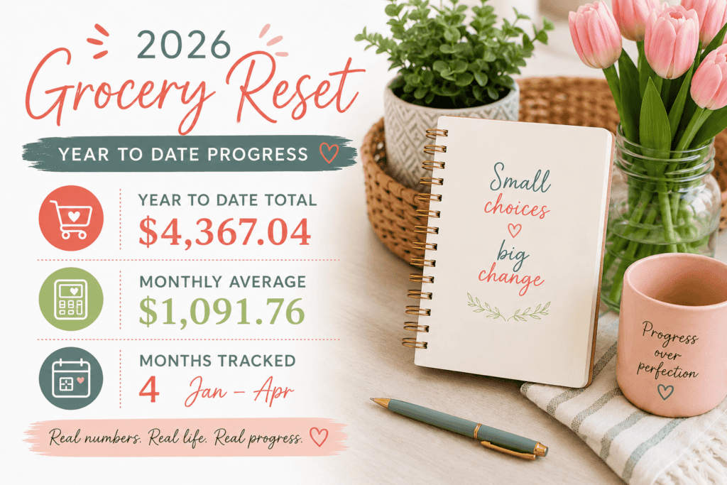 A pastel 2026 grocery budget progress graphic showing year-to-date grocery spending totals with pink tulips, a notebook, and a coffee mug, featuring a total spending amount of $4,367.04, a monthly average of $1,091.76, and four months tracked from January through April.