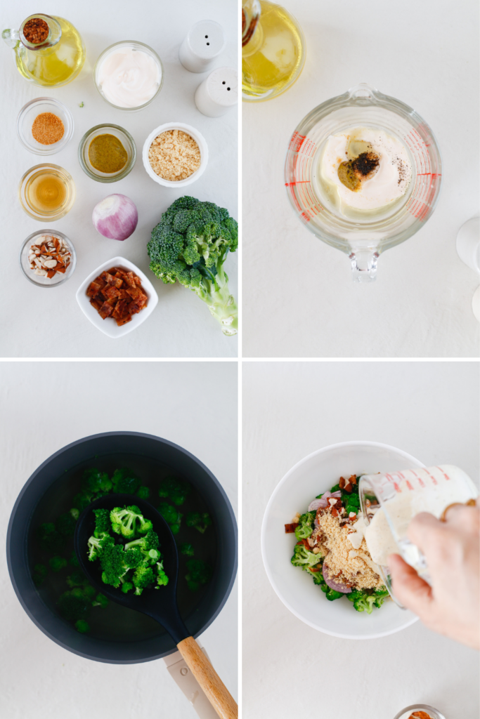 Step-by-step collage showing ingredients, dressing preparation, broccoli cooking, and mixing for an easy broccoli salad with bacon.