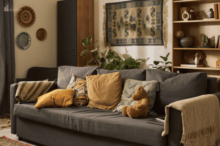 Cozy living room with sofa, warm pillows, plants, and soft lighting creating a comfortable space for everyday family life.
