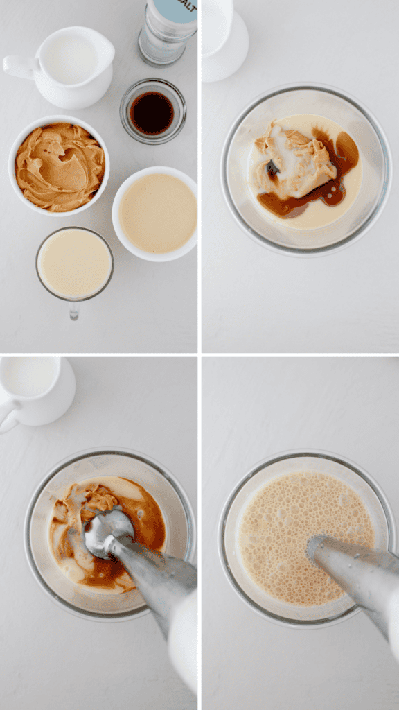 Step-by-step collage showing ingredients and blending process for creamy peanut butter limber.