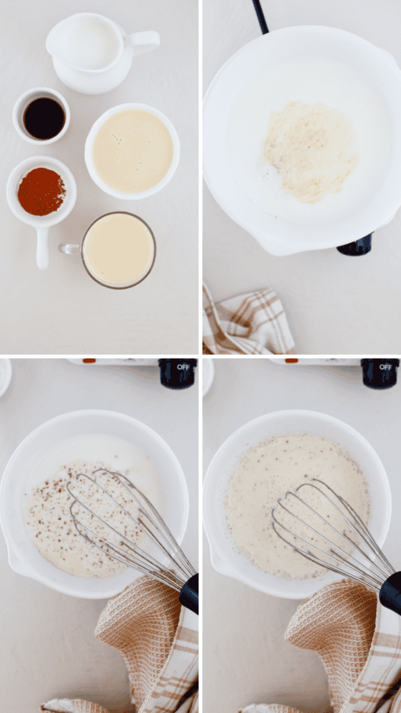 Step-by-step collage showing ingredients and preparation process for homemade tres leches limber.