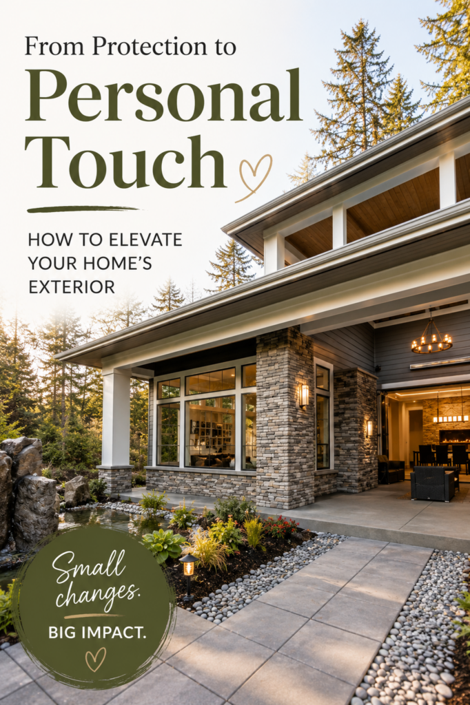 Pinterest pin showing modern home exterior with stone accents, landscaped walkway, and outdoor living space featuring text about adding personal touches to elevate curb appeal.