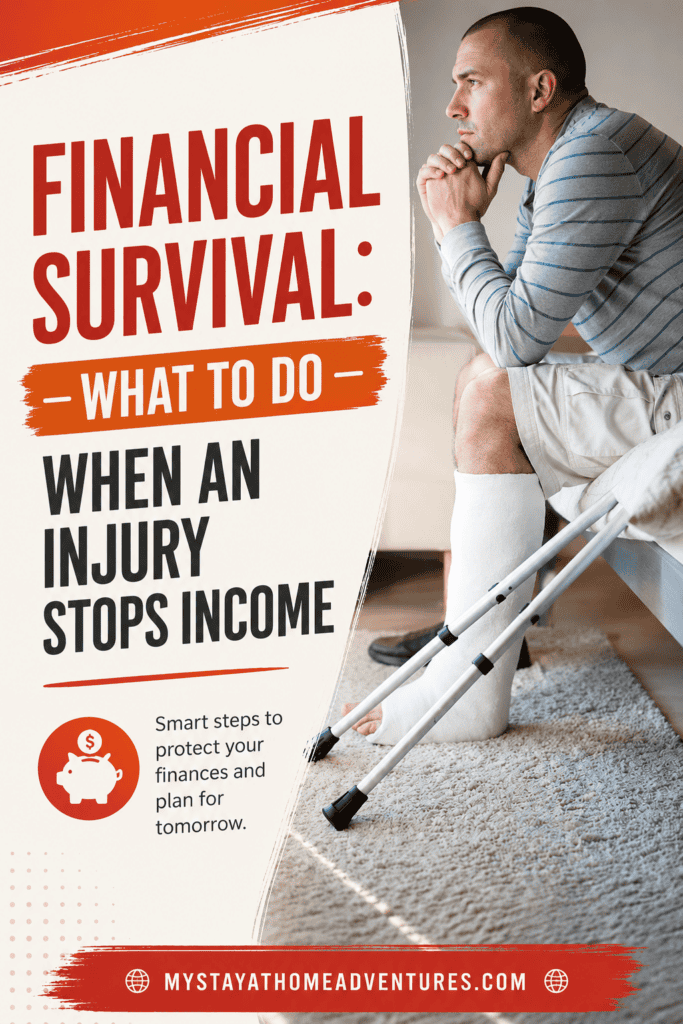 Man with a leg cast and crutches sitting on a bed beside text about financial survival after an injury stops household income.